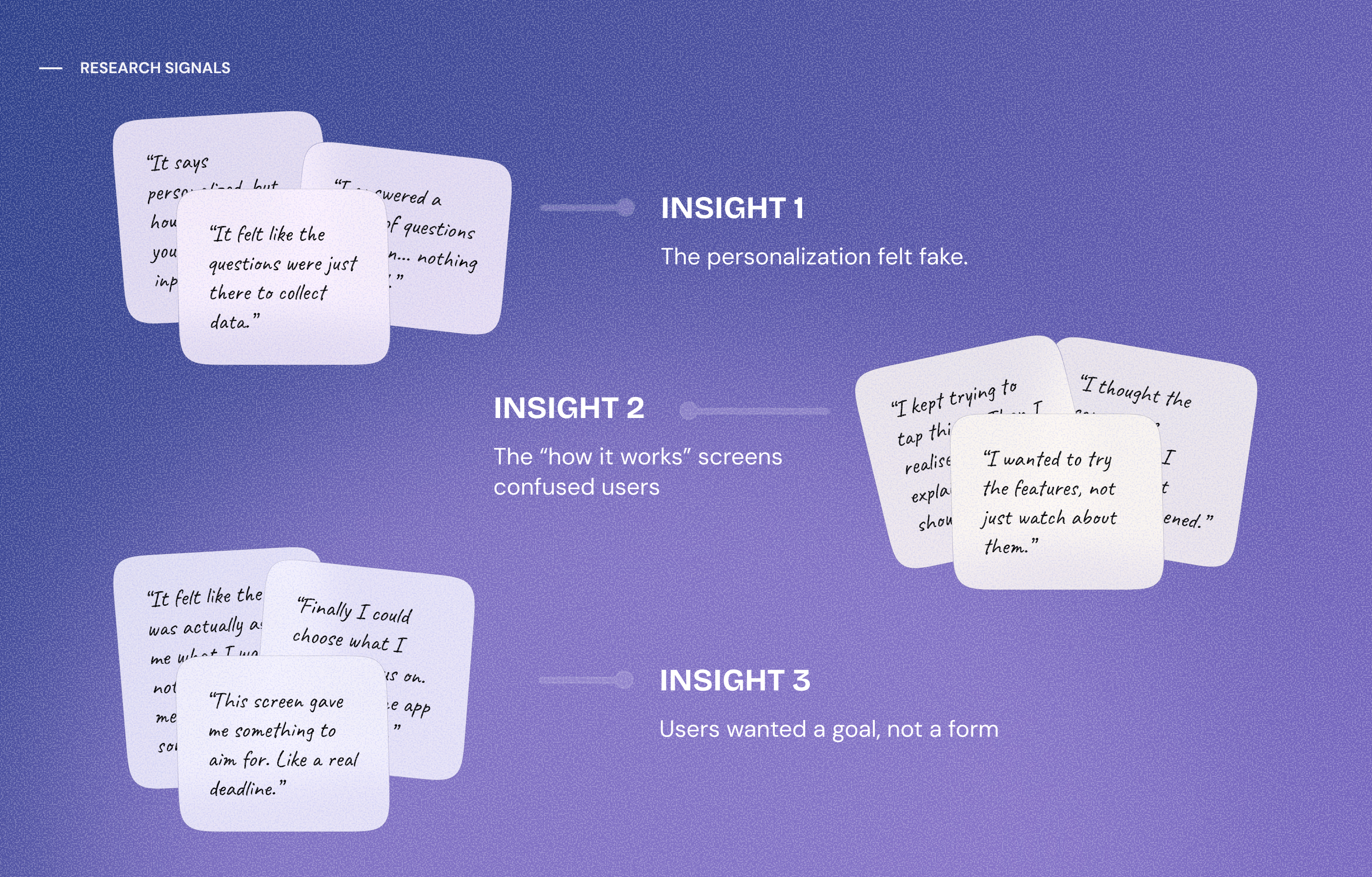 Research signals: three insights with handwritten participant quotes